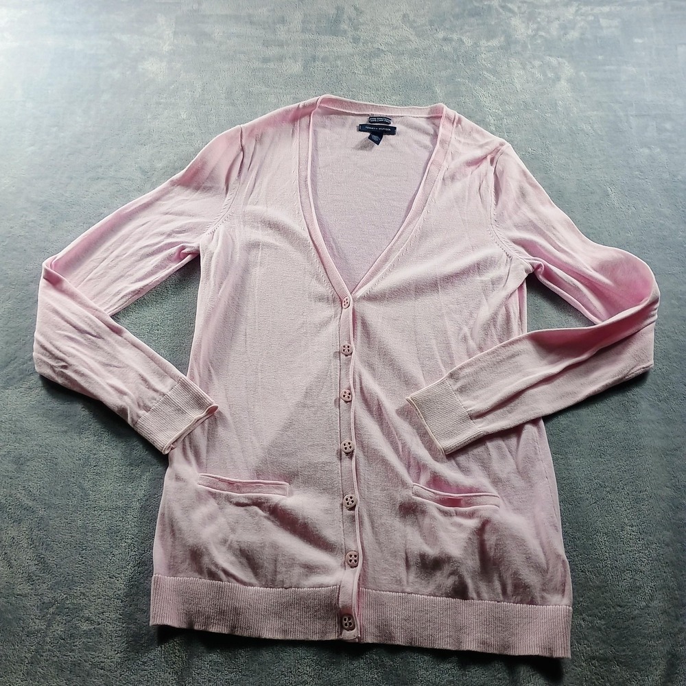 Tommy Hilfiger Cardigan Sweater Womens Petites Small Pink Pima Cotton V Neck